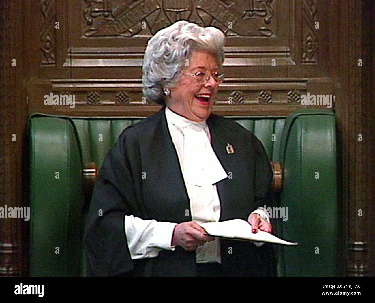 File photo dated 26/07/00 of a video grab of Betty Boothroyd, marking her retirement as Speaker of the House of Commons with a valedictory speech to MPs. Baroness Betty Boothroyd, the first woman to be Speaker of the House of Commons, has died, according to current Speaker Sir Lindsay Hoyle, who said she was 'one of a kind'. Issue date: Monday February 27, 2023. Stock Photo
