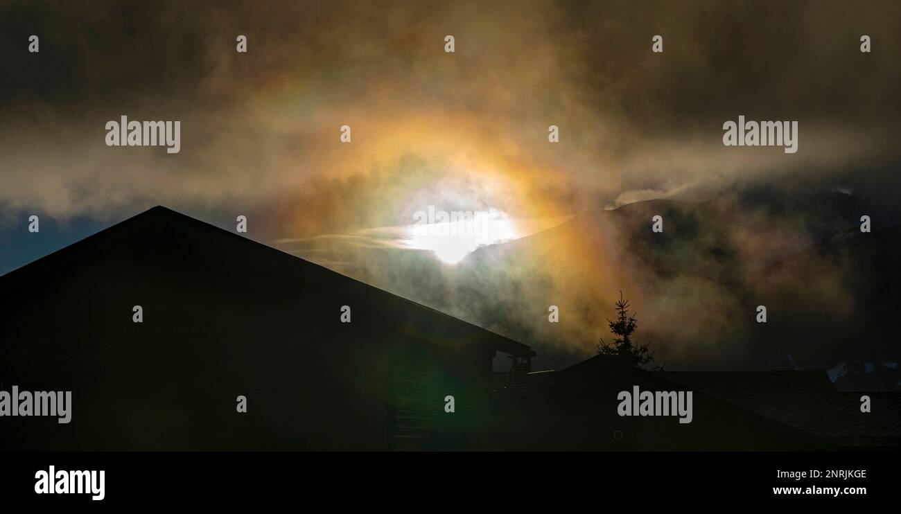 Sunset over the Pyrenees, Bolquere, Pyrenees Orientales, France Stock Photo