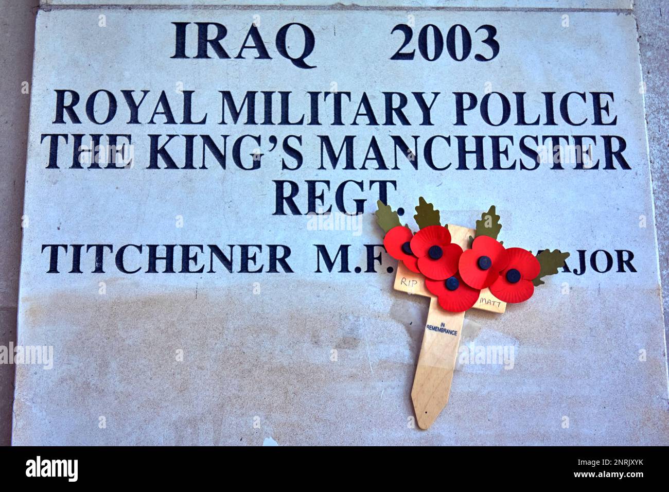 Memorial at Southport War Memorial to Major Matthew Titchener, an officer of The Royal Military Police The King's Manchester Regiment, killed in Iraq. Stock Photo