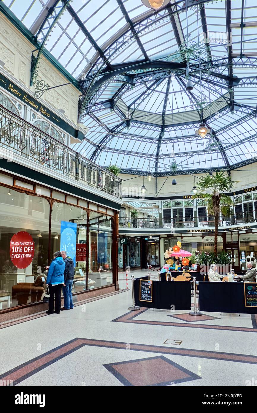 The interior of the victorian Wayfarers Shopping Arcade in the centre of Southport in Merseyside, England. Stock Photo