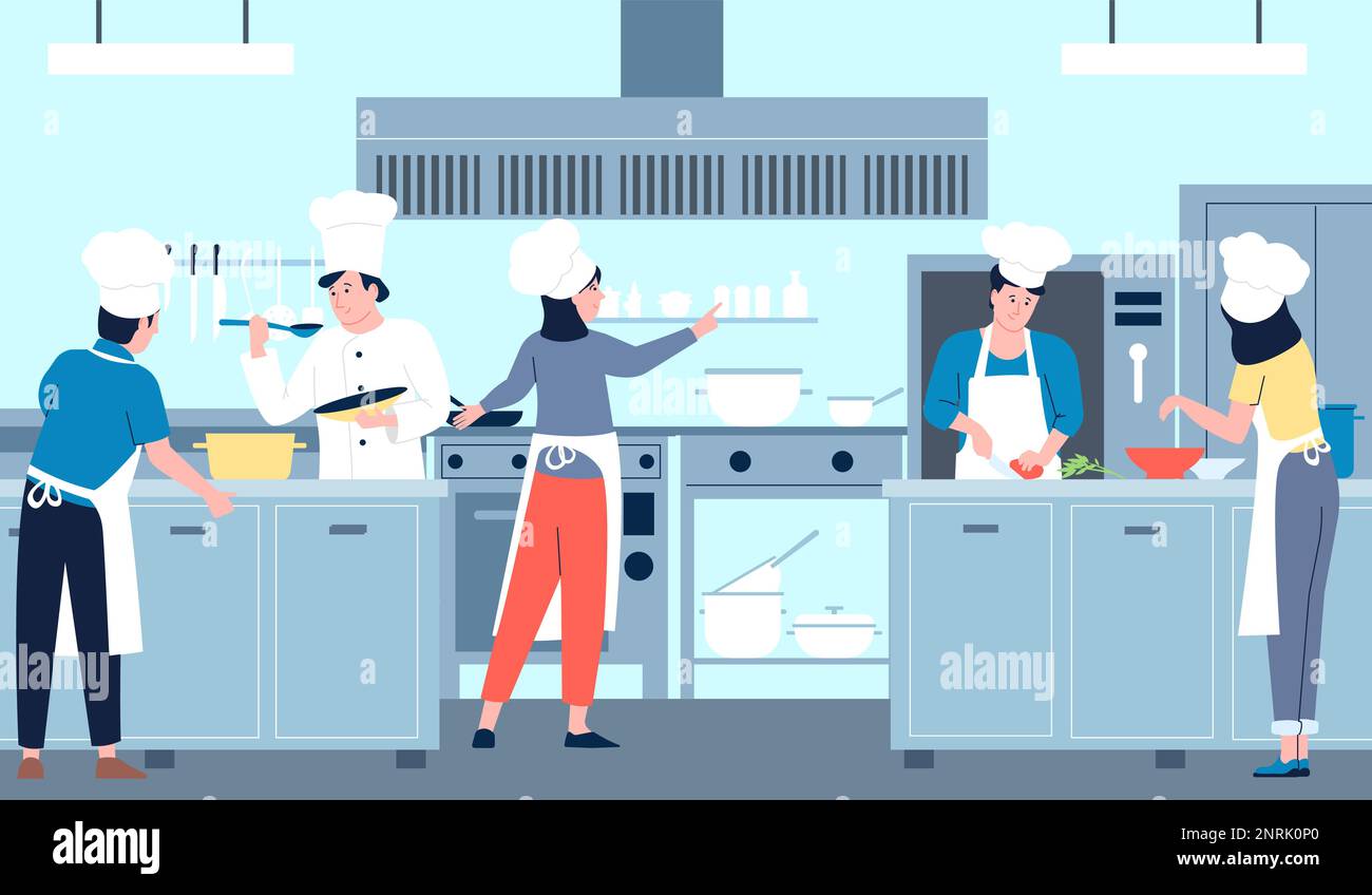 Restaurant professional cooking kitchen, commercial chef and team cook diverse food. Hotel industry, cafe or bar workers in uniform, service recent Stock Vector