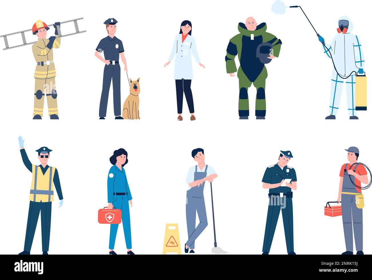 Emergency characters team. Doctors and ambulance workers, policeman with dog, rescue and firemen in uniform. Professionals recent vector set Stock Vector