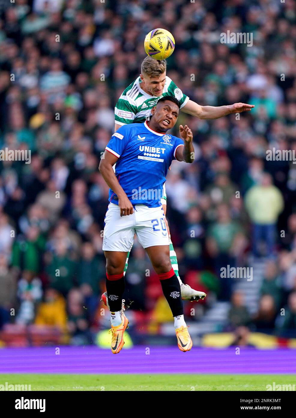 Rangers' Alfredo Morelos and Celtic's Carl Starfelt battle for the ball during the Viaplay