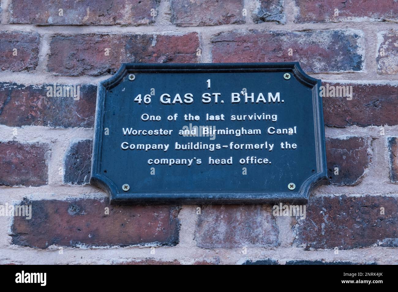 Plaque marking 46 Gas Street,one of the last surviving Worcester and Birmingham Canal Company buildings and former head office Stock Photo