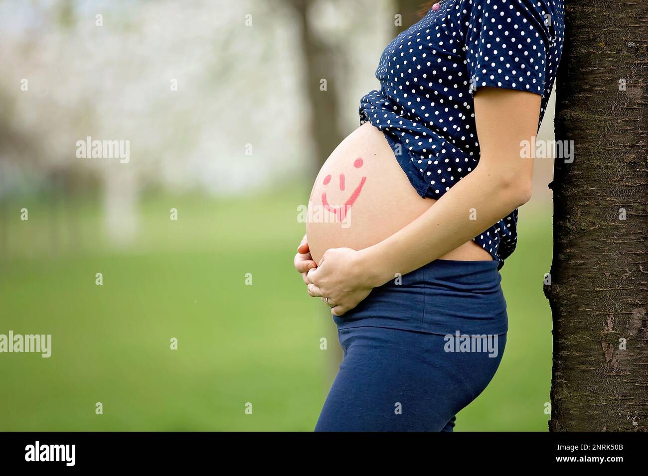 Pregnant woman in a spring blooming park, family happiness Stock Photo ...
