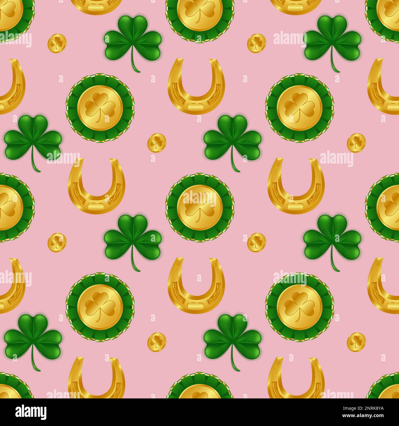 Celebrate St. Patrick's Day in style with this seamless pattern featuring a lucky golden horseshoe, coins, clover shamrock, and a shiny gold medal. Pe Stock Vector