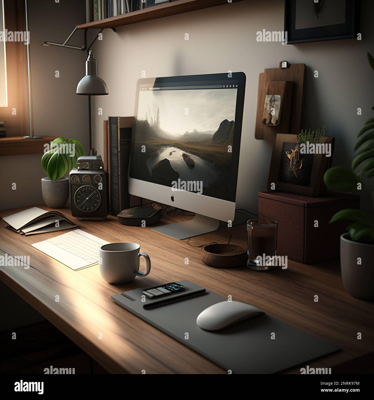 Ergonomic Oasis A Modern Workspace Abloom with Technology Stock Photo