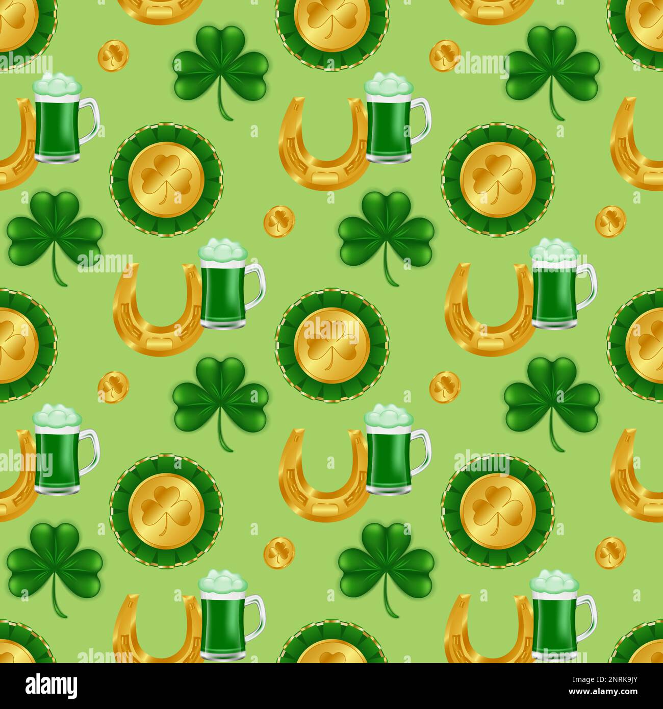 Celebrate St. Patrick's Day with this seamless pattern featuring golden horseshoes, coins, clover leaves, and a full pint of green beer or ale. Perfec Stock Vector