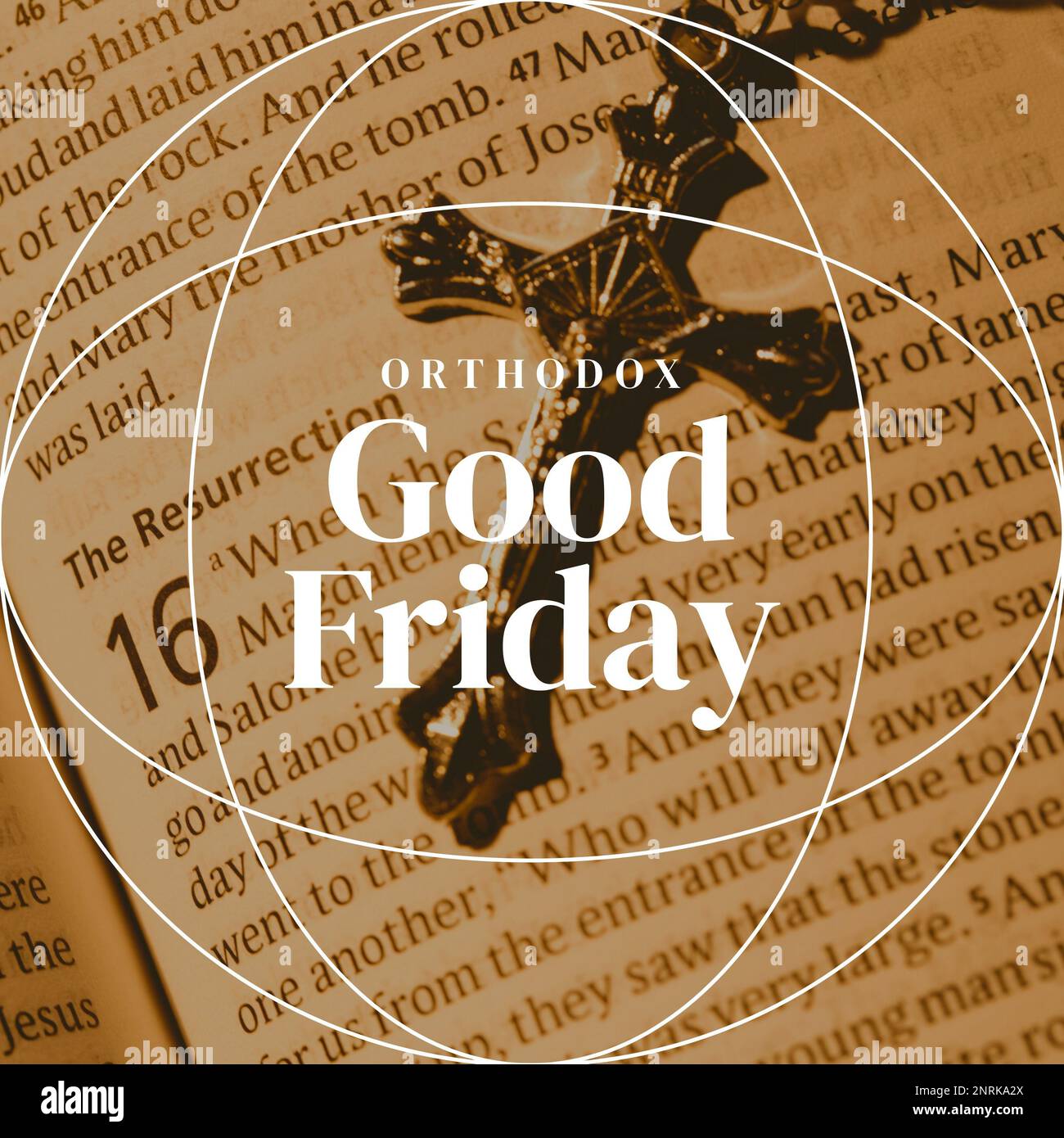 Composite of orthodox good friday text in geometric shapes over bible