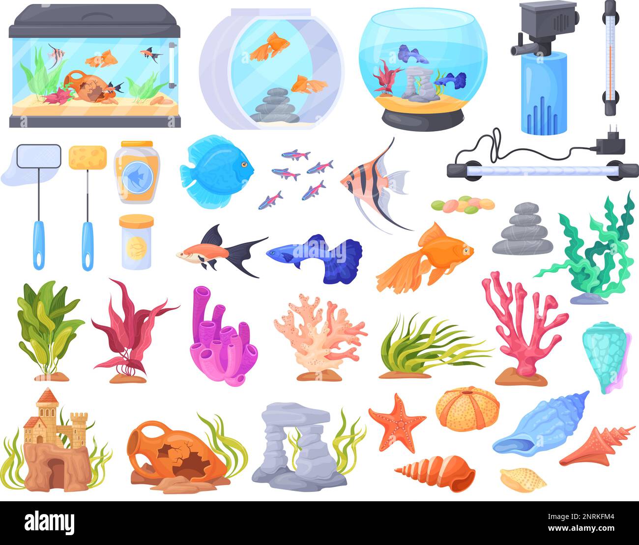 Aquarium equipment. Aquaristic elements, underwater decorations for fishbowl freshwater fish pet, filter water tank reef stone seaweed shells castle, vector illustration of aquarium fish equipment Stock Vector