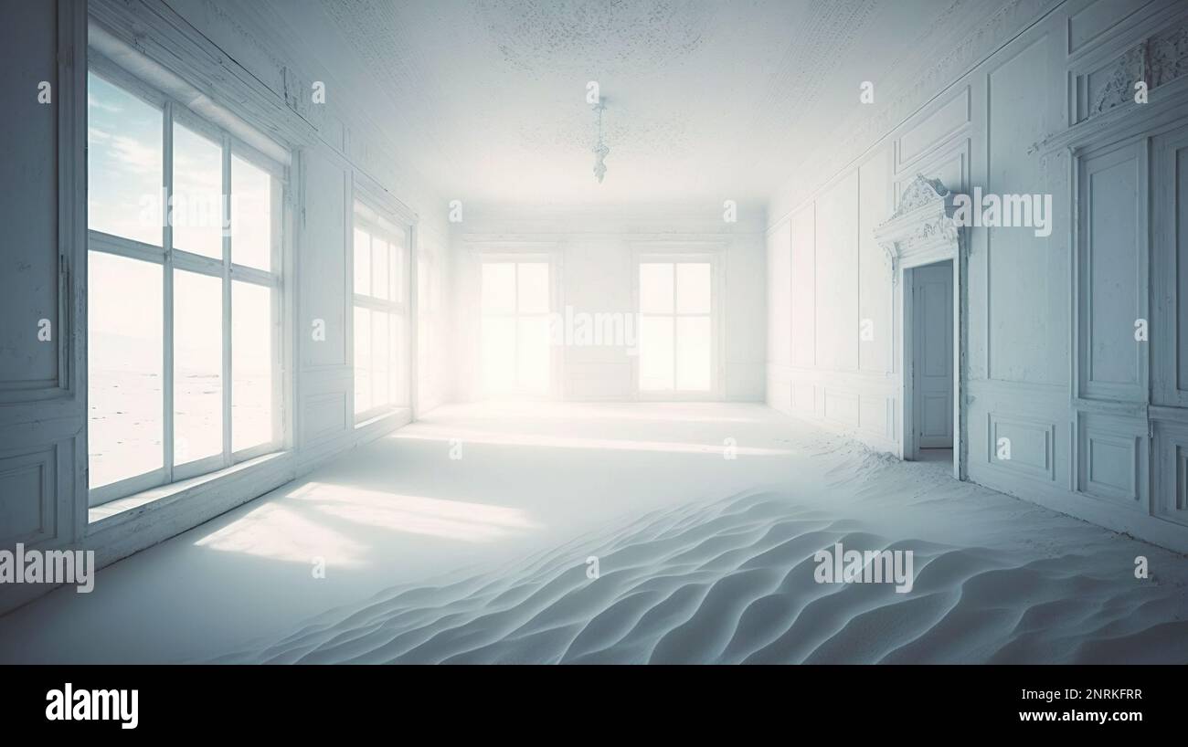 Large spacious white interior with sand in room. 3D render Stock Photo ...