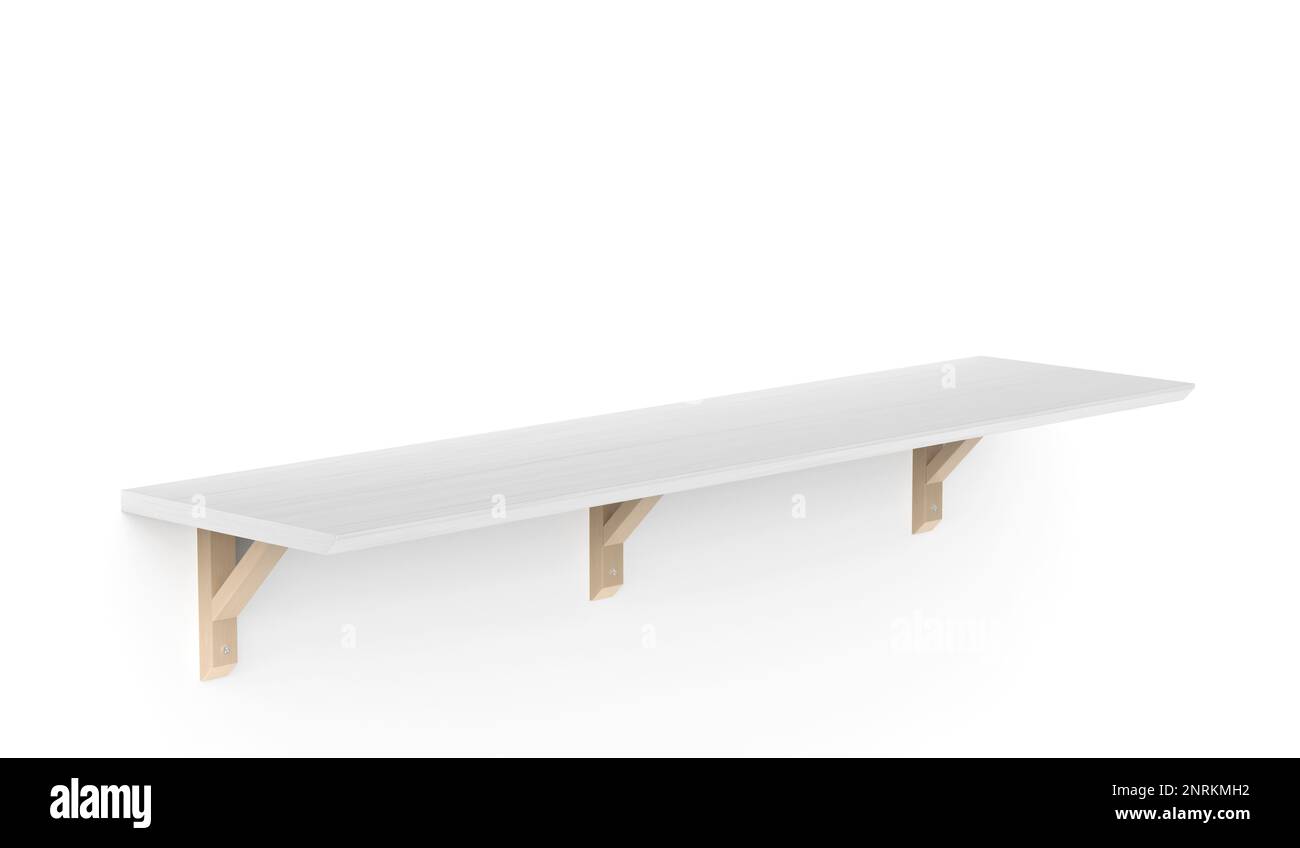 Wooden shelf with brackets on a white wall Stock Photo Alamy