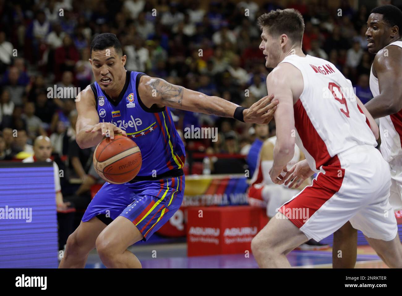 CARACAS, VENEZUELA - FEBRUARY 26: Windi Graterol of Venezuela competes for the ball with Conor Morgan of Canada during the FIBA Basketball World Cup 2023 Americas Qualifiers basketball game, Poliedro de Caracas, in Caracas, Venezuela, on February 26 of 2023. Credit: Px Images/Alamy Live News Stock Photo