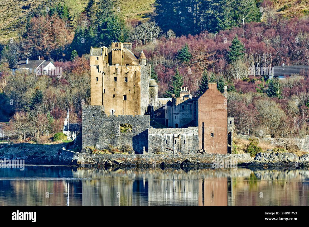 Eilean Donan Castle Loch Duich Scotland colours of the purple birch trees and the building reflected in the sea loch Stock Photo