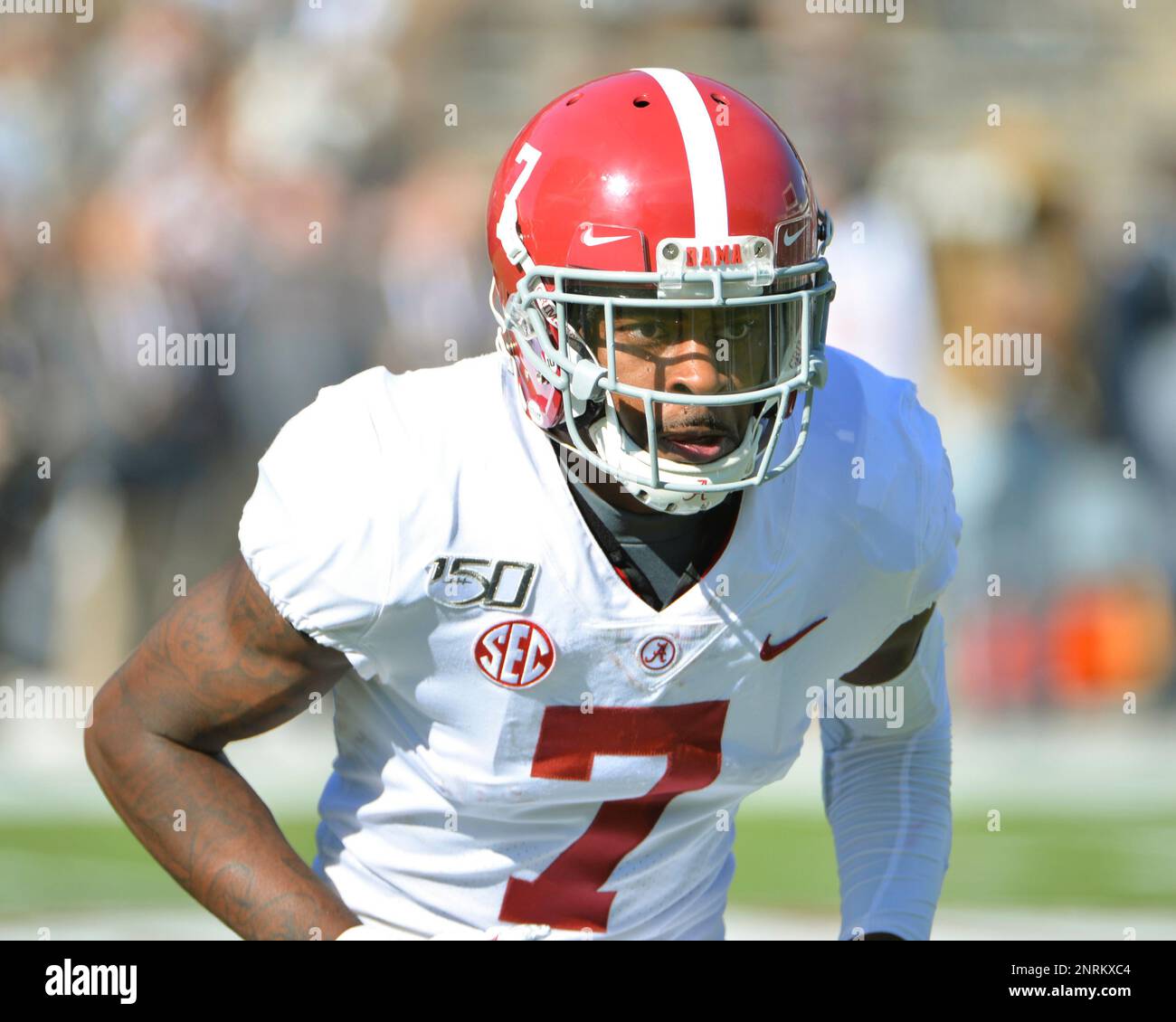 November 16, 2019: Alabama defensive back, Trevon Diggs (7), in action  during the NCAA football game between the Alabama Crimson Tide and the  Mississippi State Bulldogs at Davis Wade Stadium in Starkville