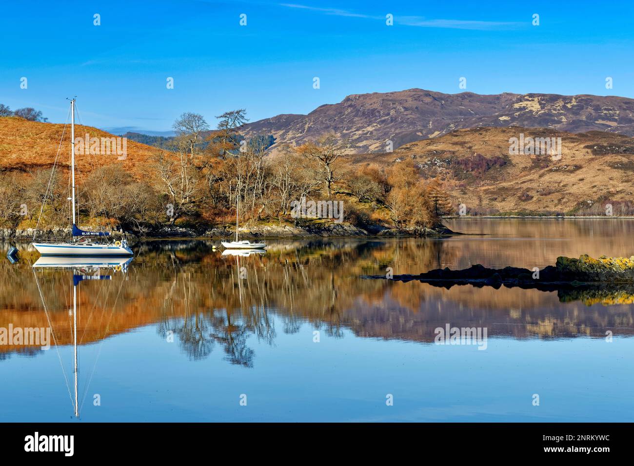 Loch Duich Scotland colours of orange bracken with moored yachts reflected in the sea loch Stock Photo