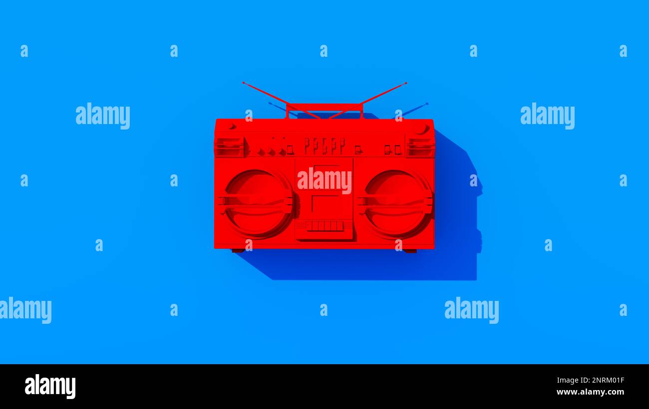 Bright Red Boombox Retro Stereo 80's Style Vintage Vivid Blue Background 3d illustration render Stock Photo