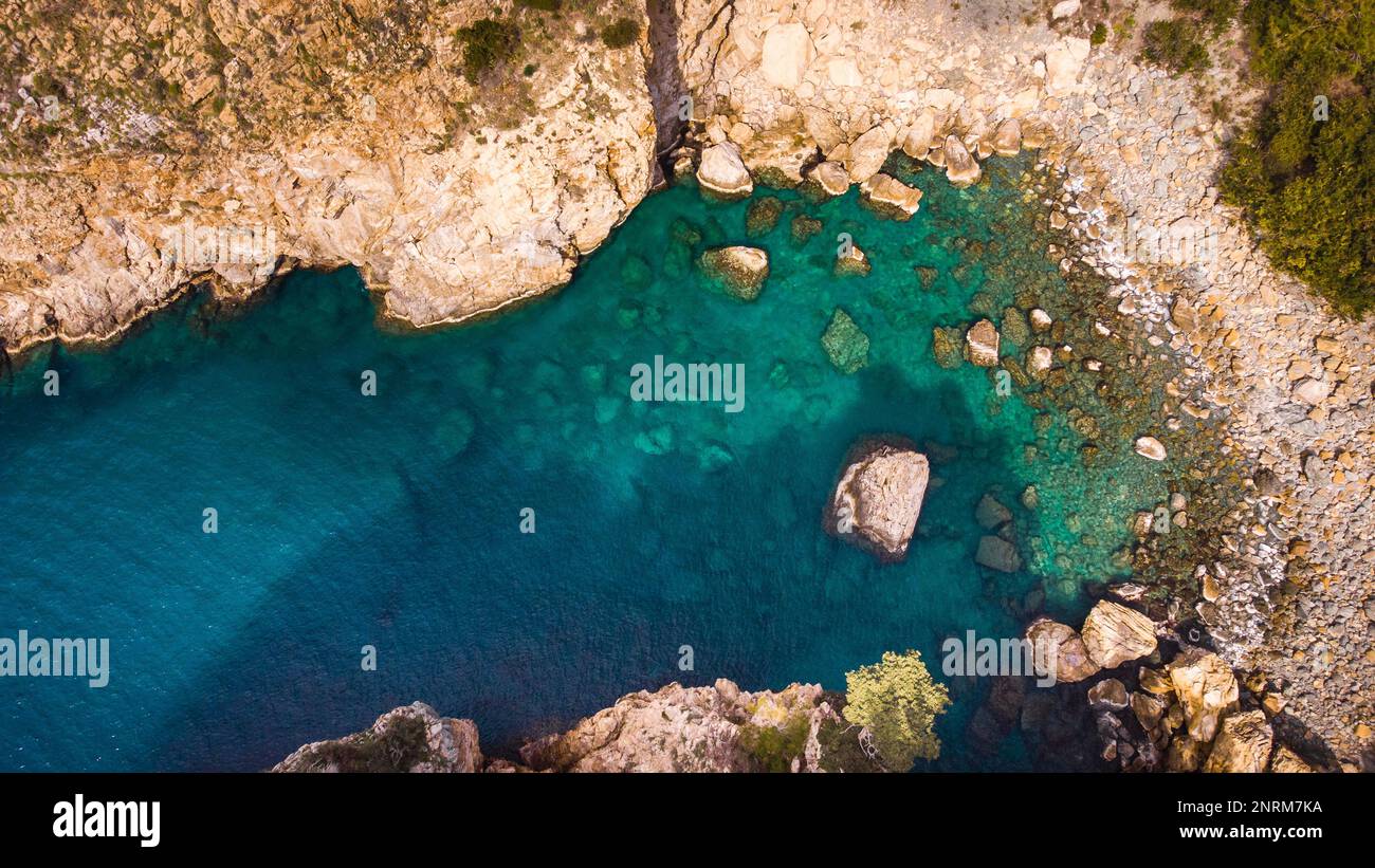 Aerial view of ancient ruins and a beautiful natural bay Stock Photo ...