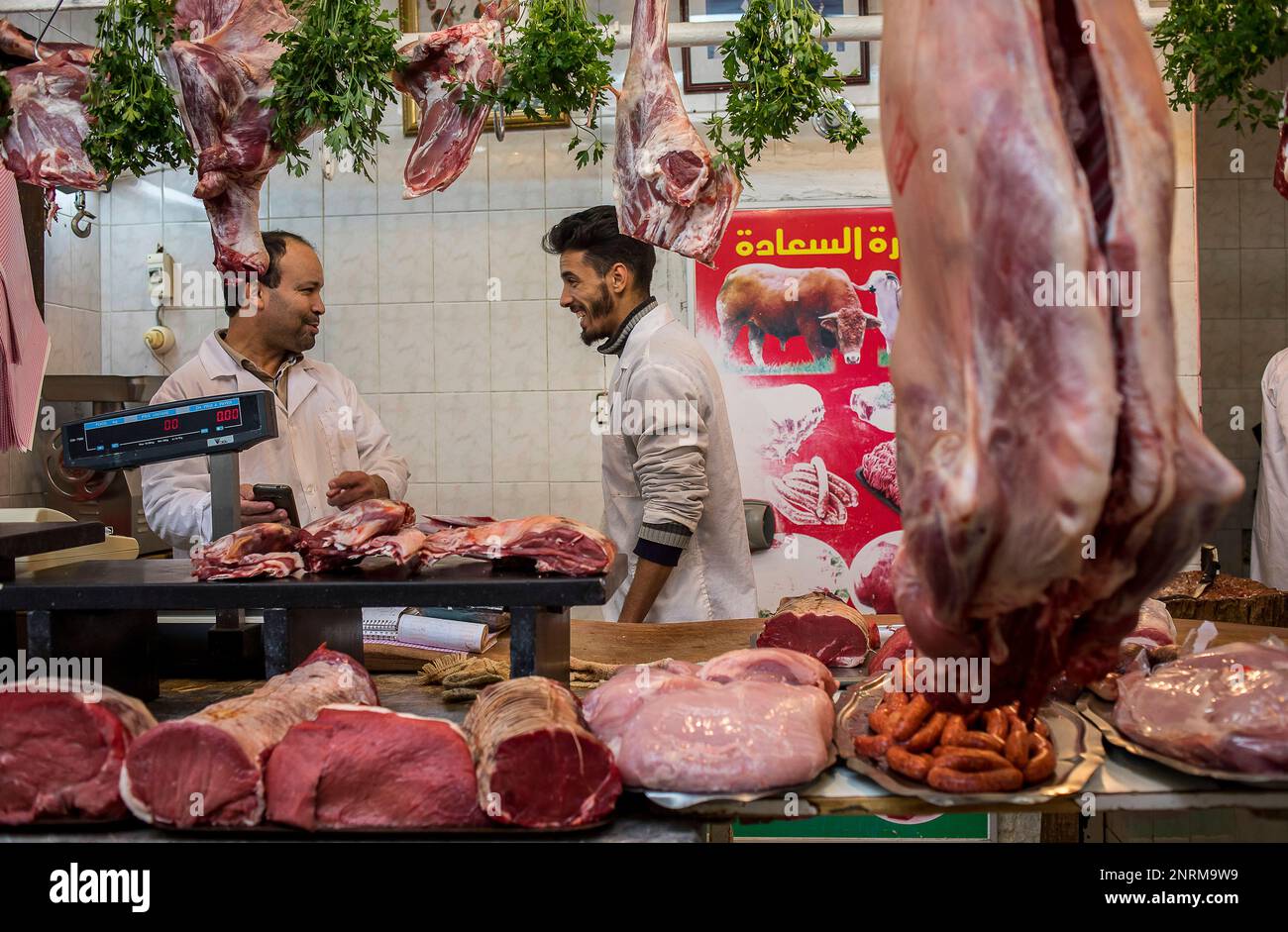 Butcher shop, Central market, medina, Rabat. Morocco Stock Photo