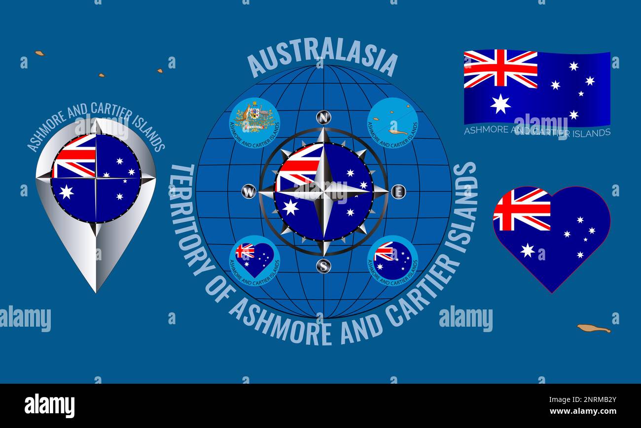 Set of illustrations of Flag, outline map, icons of TERRITORY OF ASHMORE AND CARTIER ISLANDS. Australian Outer Territory. Travel concept. Stock Photo