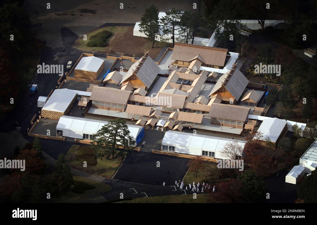 An aerial photo shows the Daijokyu, temporary hall for the Daijosai, at ...