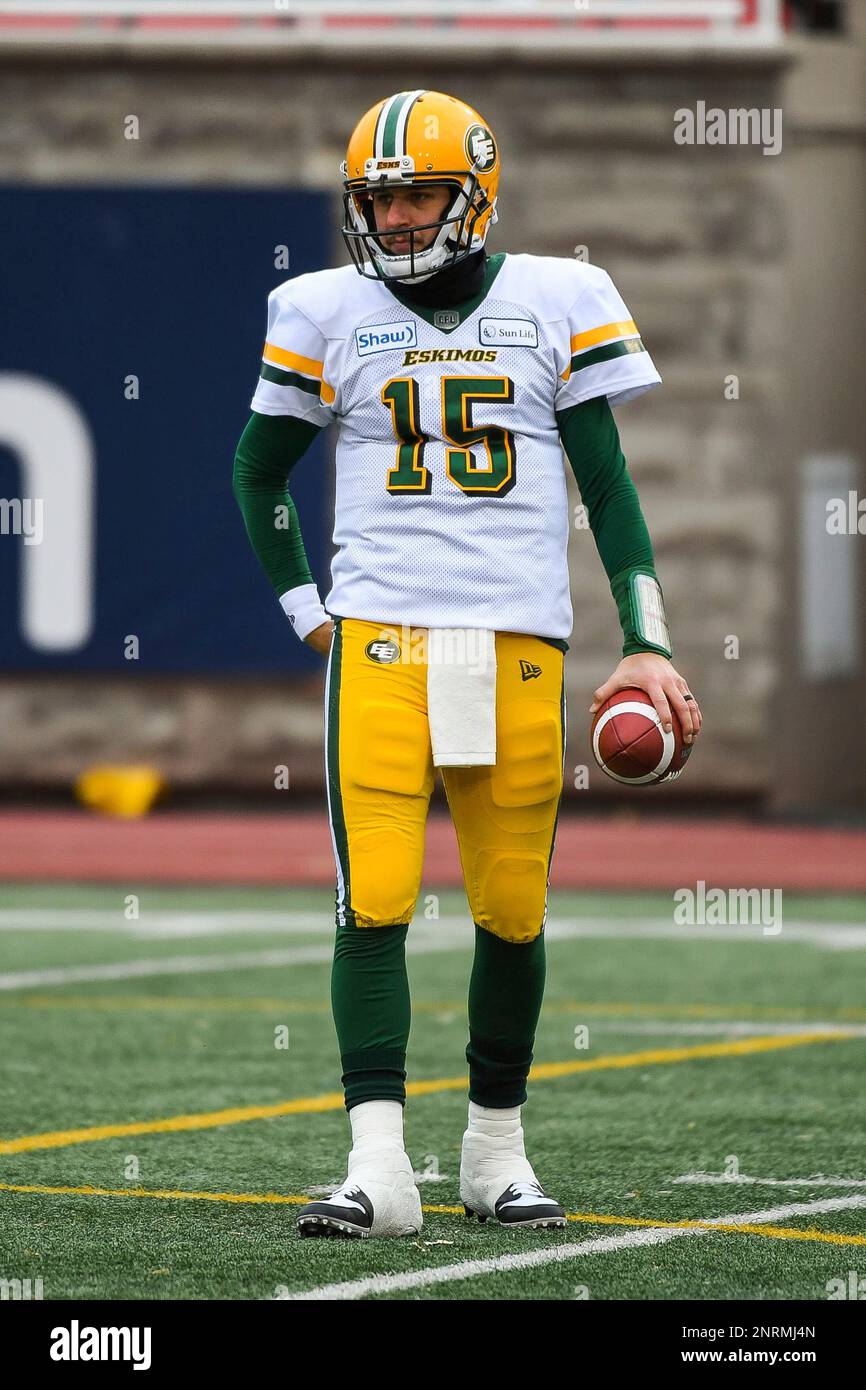 MONTREAL, QC - NOVEMBER 10: Look on Edmonton Eskimos quarterback Logan  Kilgore (15) at warm-up beofre the Edmonton Eskimos versus the Montreal  Alouettes eastern semi-final game on November 10, 2019, at Percival