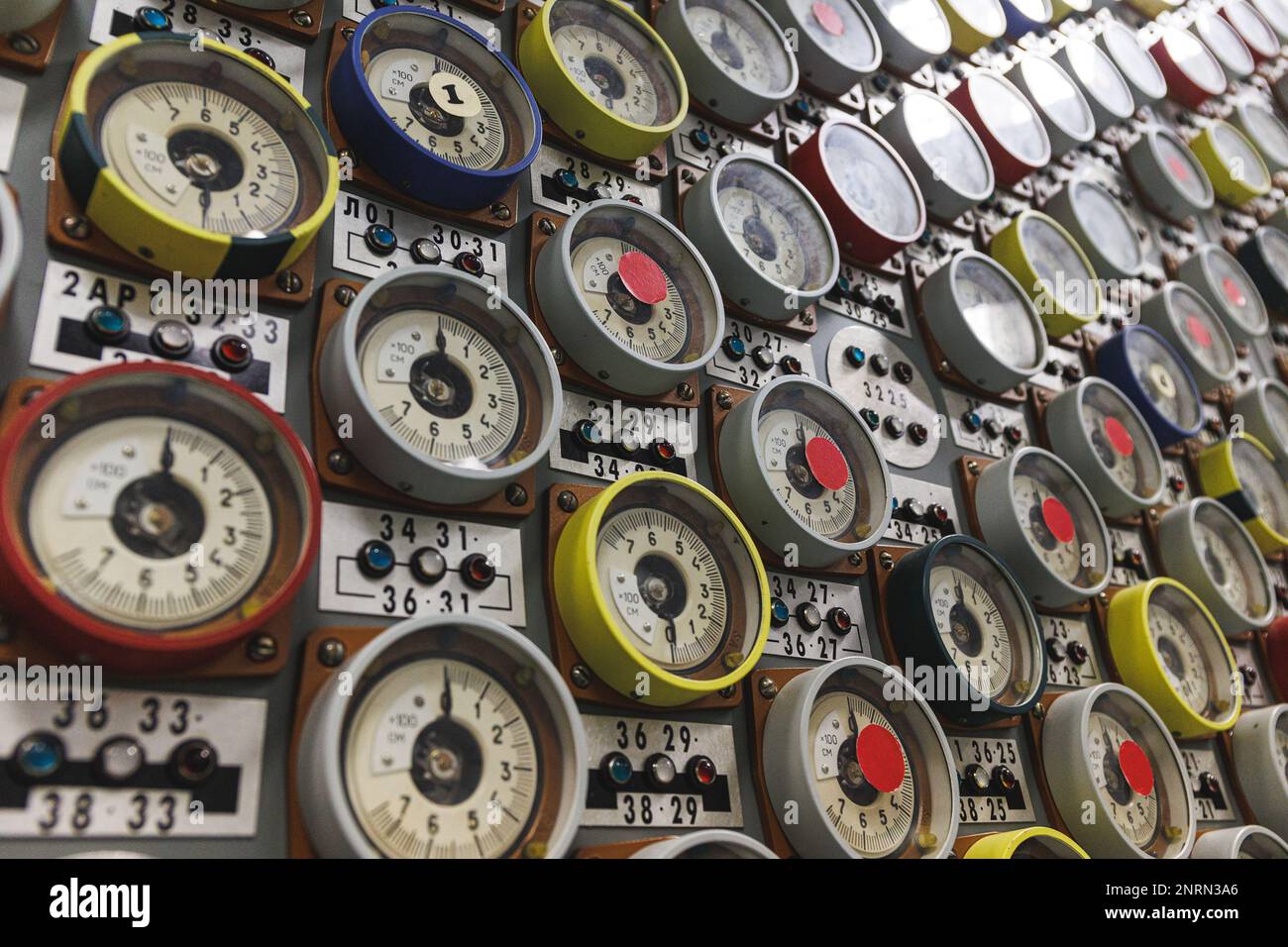 Visaginas, Lithuania - 2023 February 26: Ignalina Nuclear power plant control panel. Identical control panel to Chernobyl power plant. High quality ph Stock Photo