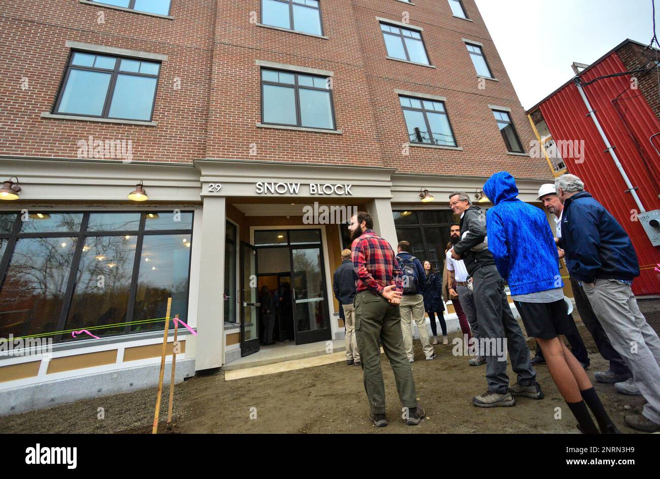 In this Tuesday, Oct. 29, 2019 photo, People gather at Snow Block to