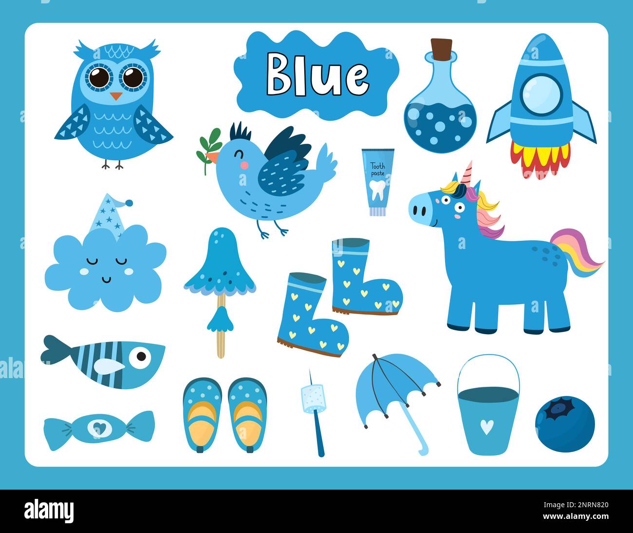 Set Of Blue Color Objects Primary Colors Flashcard With Blue Elements