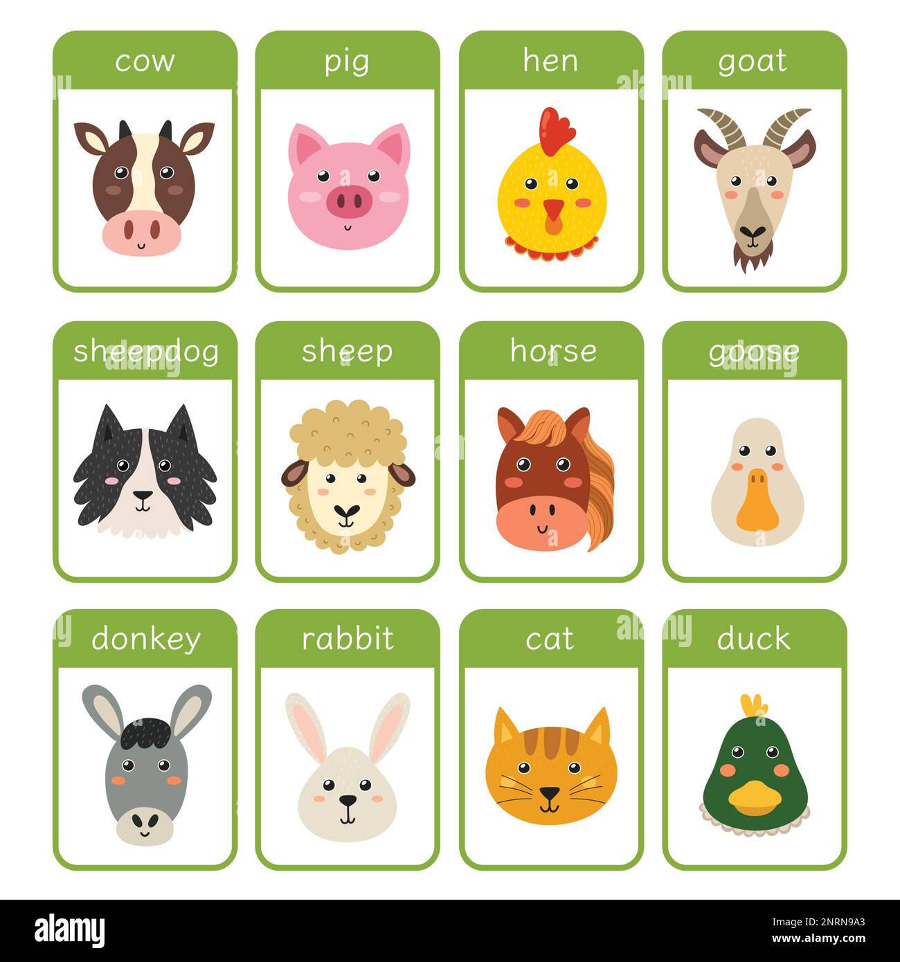 Farm animals flashcards set. Educational flash card with cute farm characters Stock Vector Image