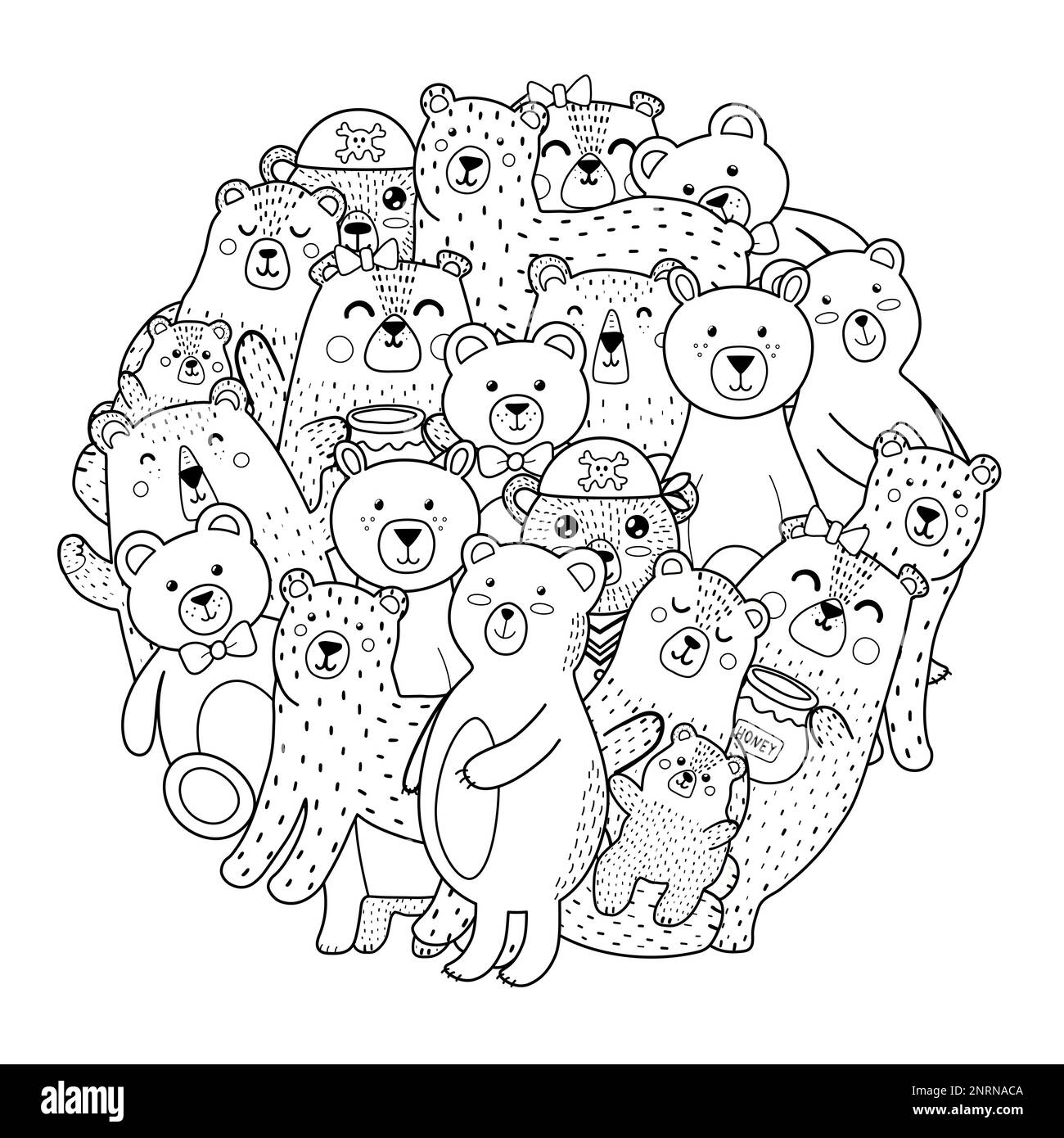 Cute bears circle shape pattern for coloring book. Forest animals coloring page Stock Vector