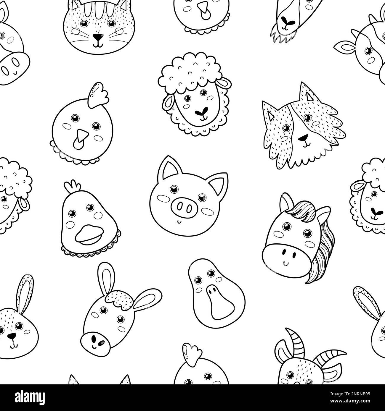 Cute farm animals black and white seamless pattern. Coloring page Stock ...