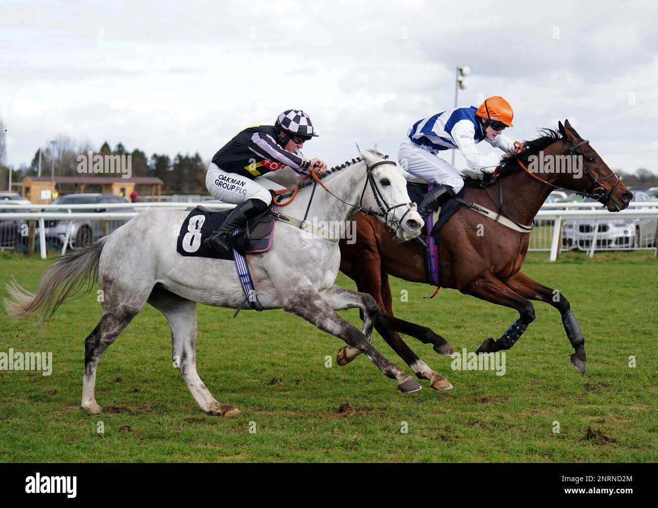 Tapley ridden by Charlie Hammond (left) passes Tenfold ridden by Rob Hargreaves on their way to winning the Brough Scott Backs Jamie's Farm Maiden Hurdle at Plumpton Racecourse, East Sussex. Picture date: Monday February 27, 2023. Stock Photo