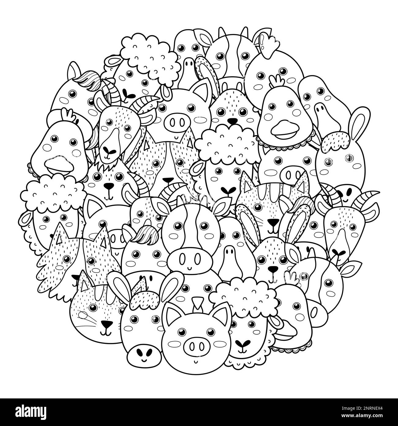 Farm animals circle shape pattern for coloring book. Cute farm characters coloring page Stock Vector