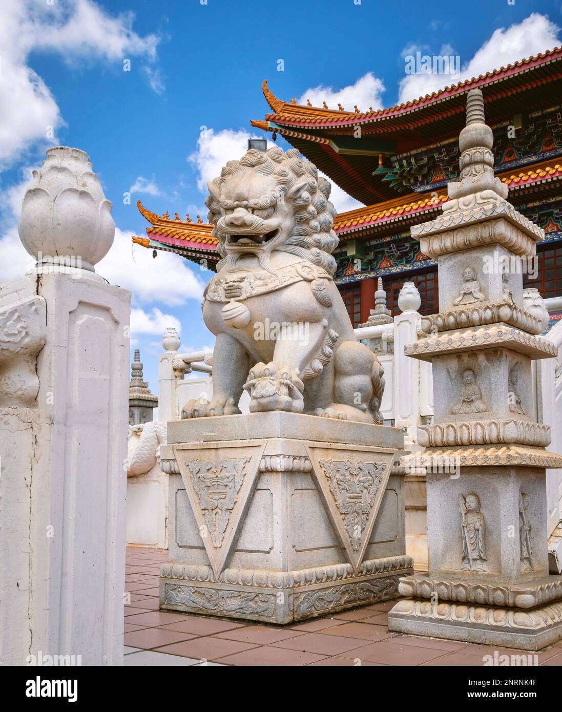 Bronkhorstspruit, South Africa, 26th February - 2023: Large stone carving of lion at Africa's largest Buddhist temple. Stock Photo