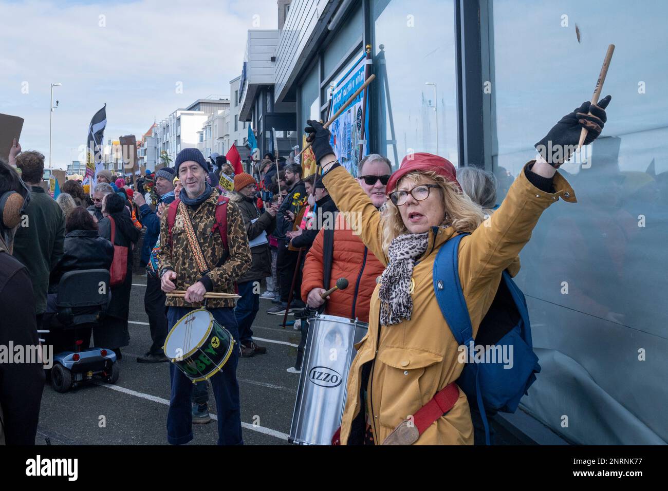 Drummers providing a musical background at a counter demonstration organised by anti-fascist groups against a protest by the right wing group Reform U Stock Photo