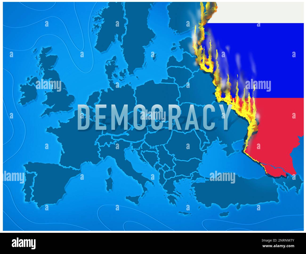 Democracy illustration with flames burning down edge of Europe. Concept illustration of conflict in Europe. Stock Photo