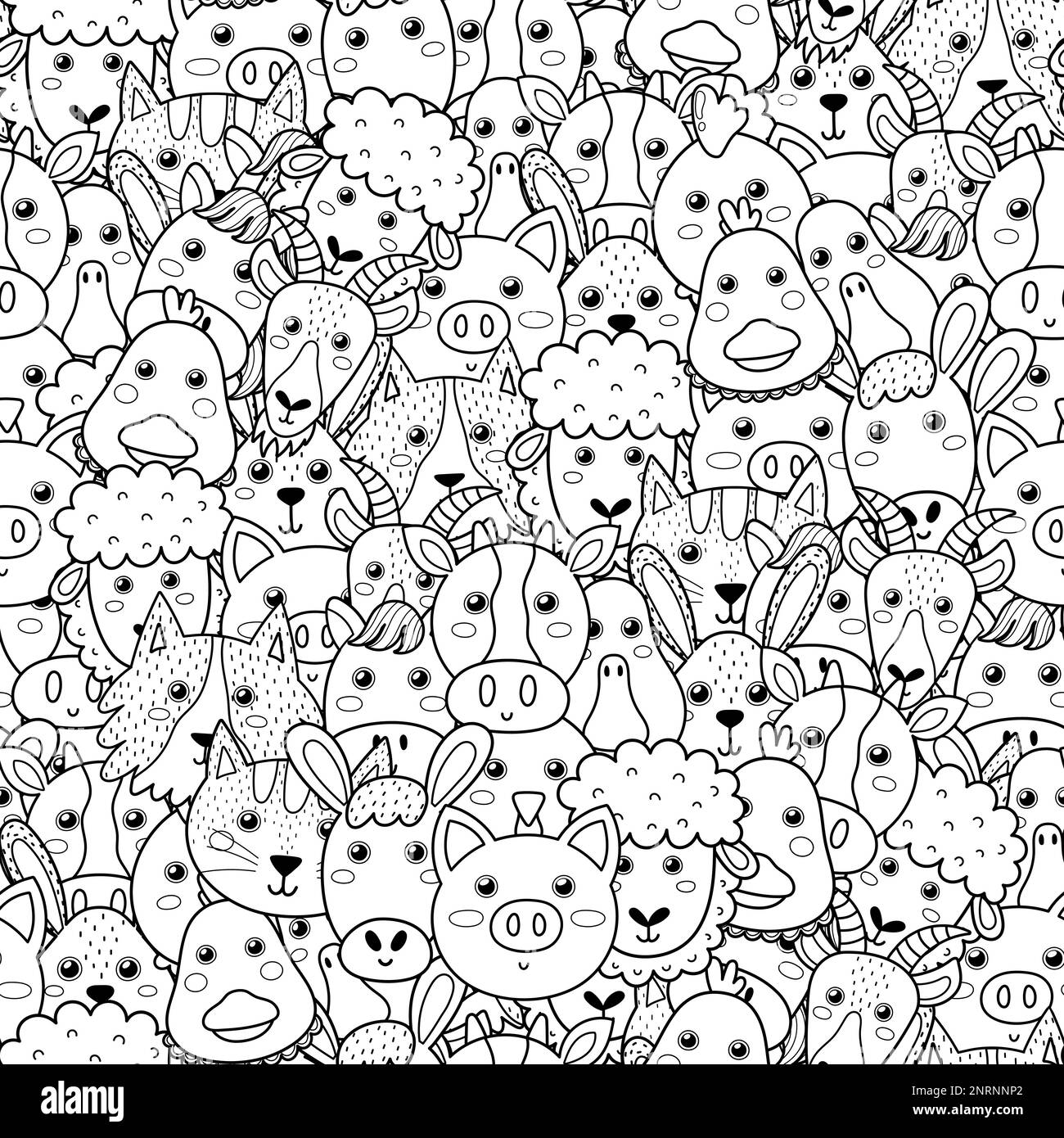 Farm animals black and white seamless pattern. Cute farm characters coloring page Stock Vector