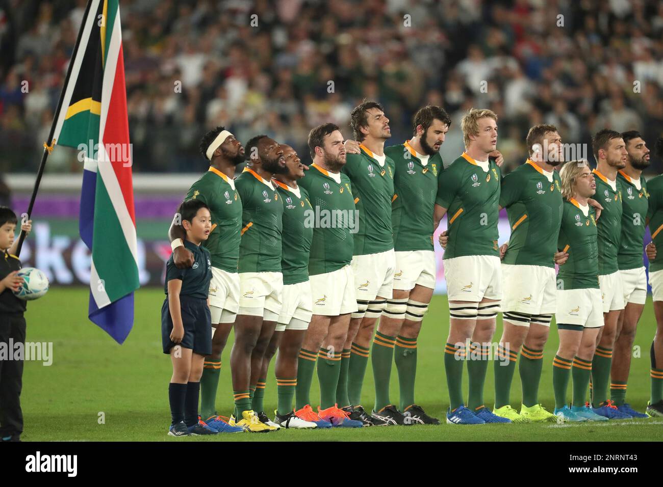 South African team sing a natinal anthem ahead of the Rugby World Cup