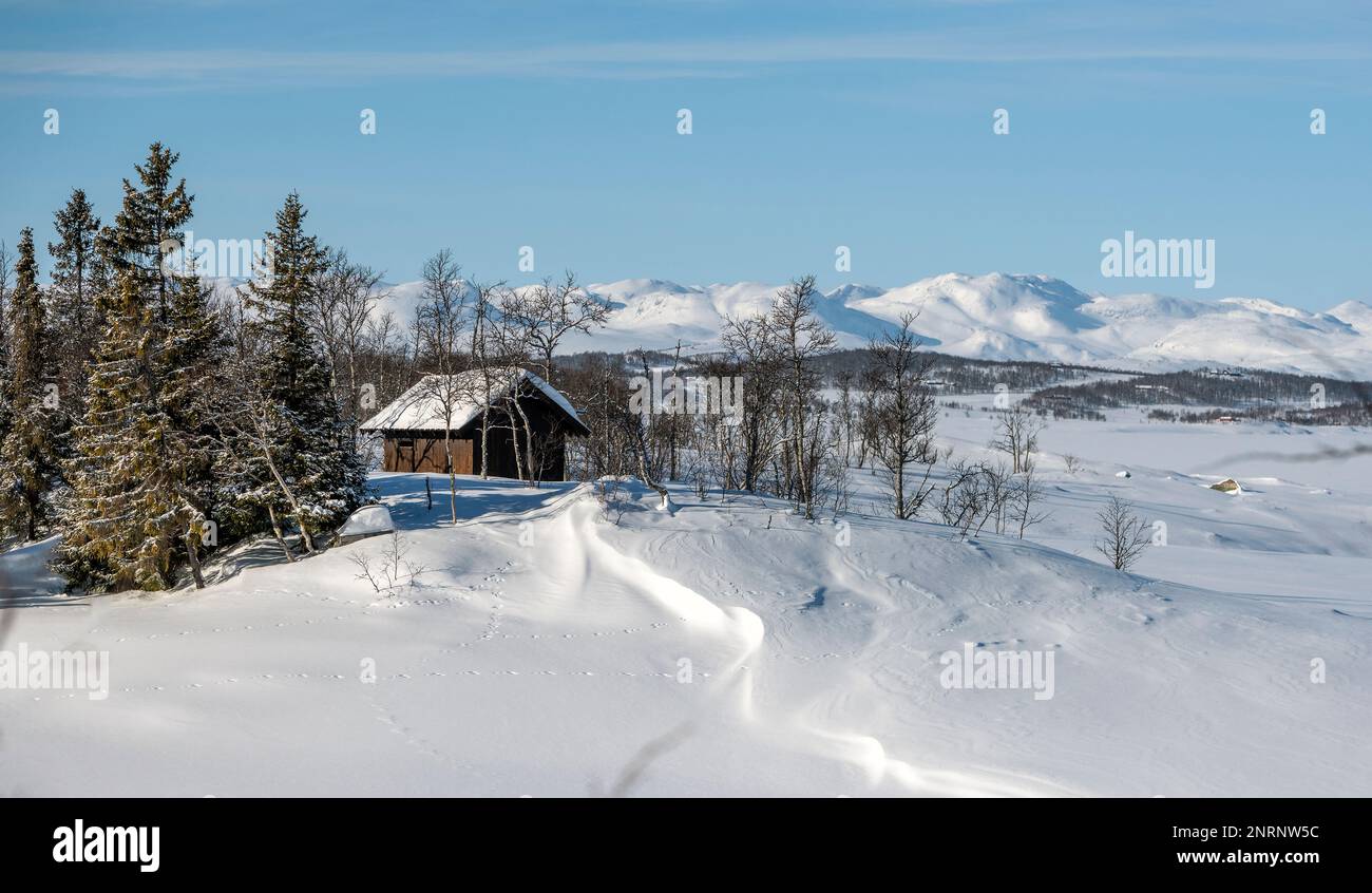 Scenic winter landscape at Mösvatn (Vinje, Telemark and Vestfold), Norway. Hardangervidda National Park lies in the background. Stock Photo