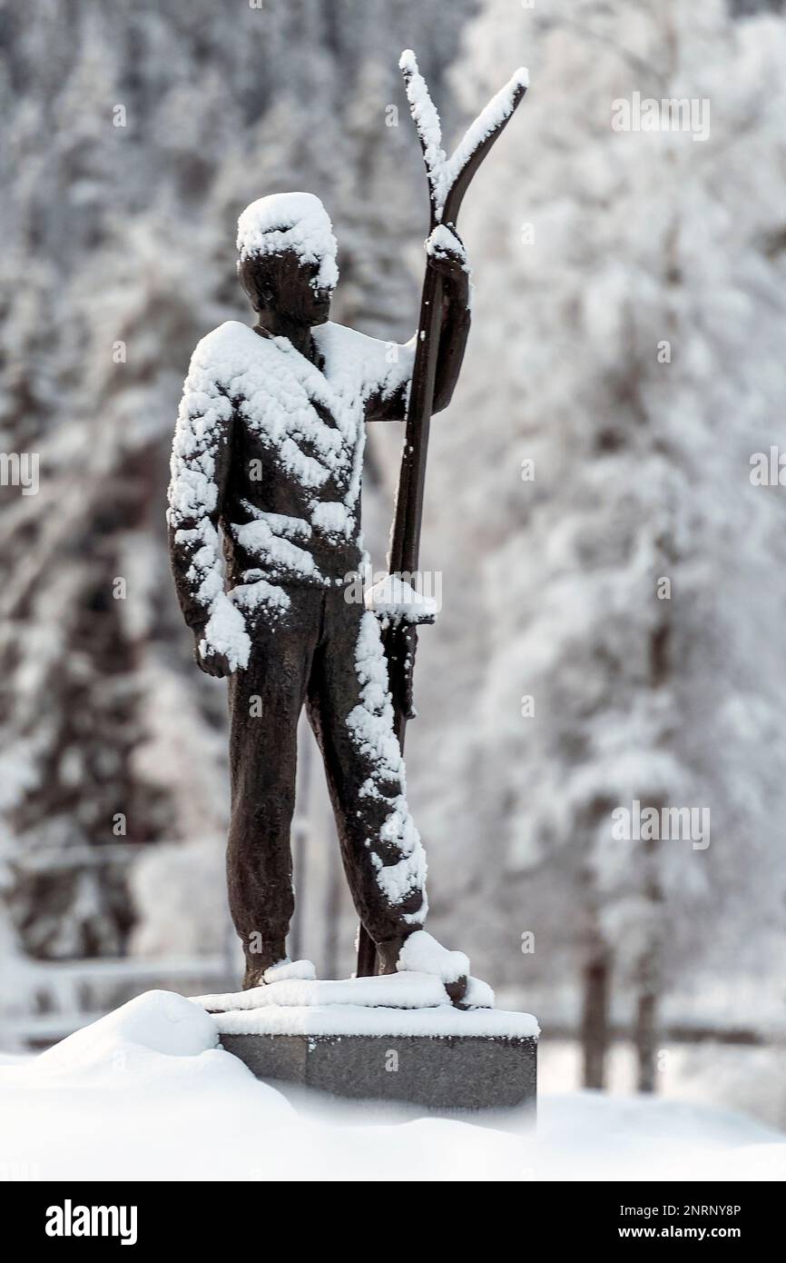 The statue of Sondre Norheim in Morgedal (Telemark and Vestforld, Norway), the cradle of skiing. Stock Photo