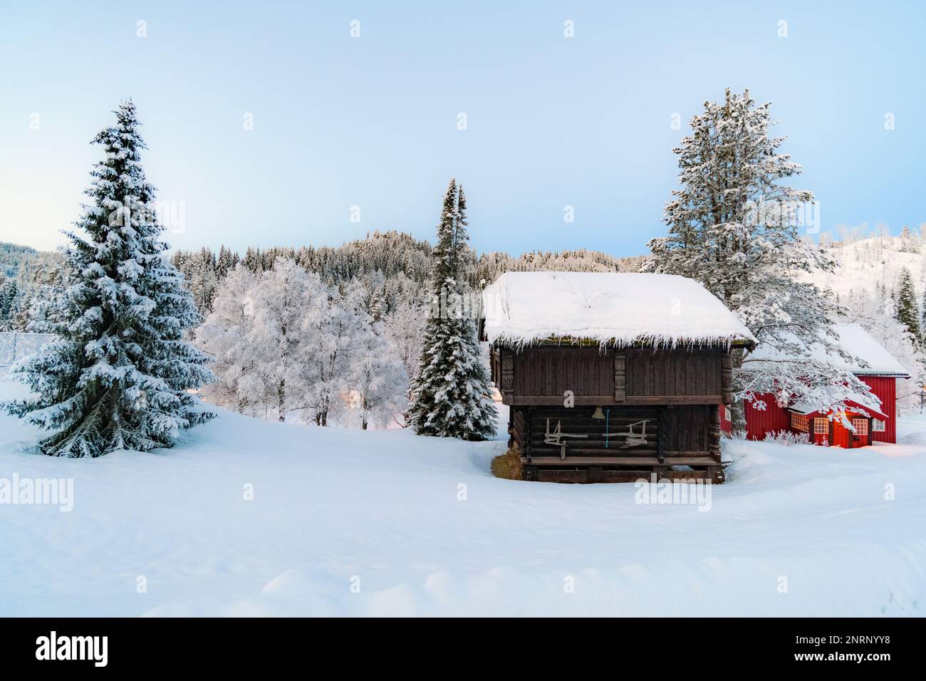 Winter scenery with old storehouse from Morgedal, Kviteseid, Telemark and Vestfold, Norway. Stock Photo