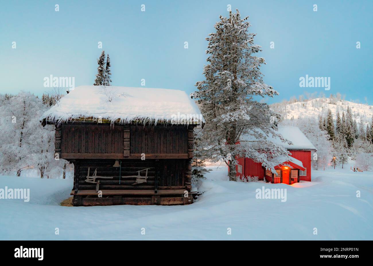 Winter scenery with old storehouse  from Morgedal, Kviteseid, Telemark and Vestfold, Norway. Stock Photo