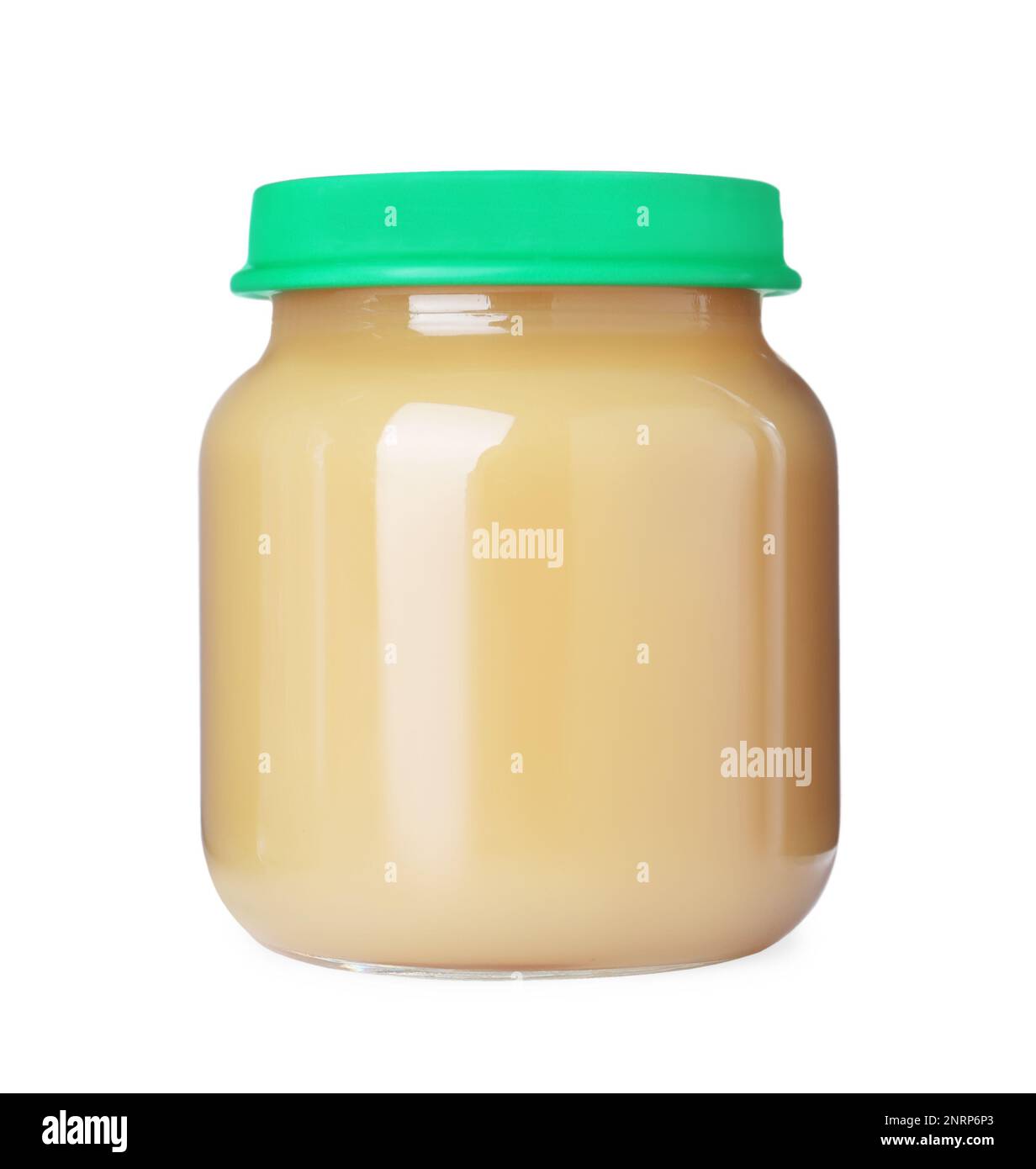 Baby food in glass jar on white background Stock Photo - Alamy