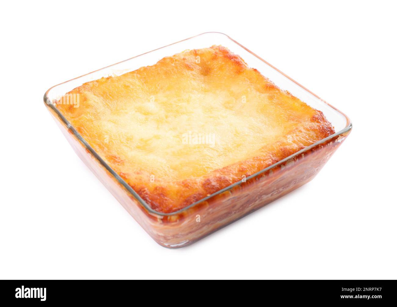 Tasty cooked lasagna in baking dish isolated on white Stock Photo
