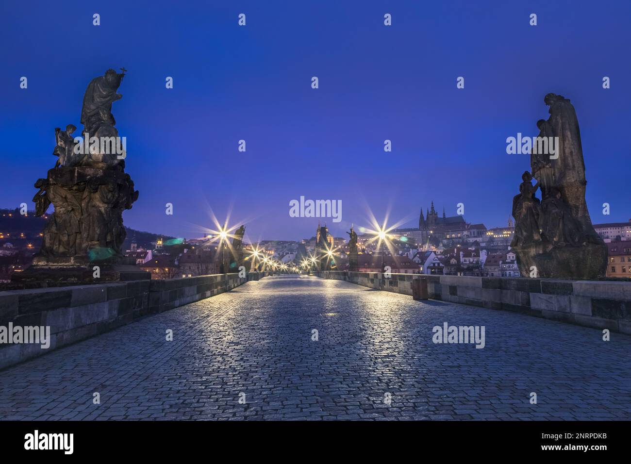 Charles Bridge in Prague, Czech Republic, at night lighting evening Stock Photo