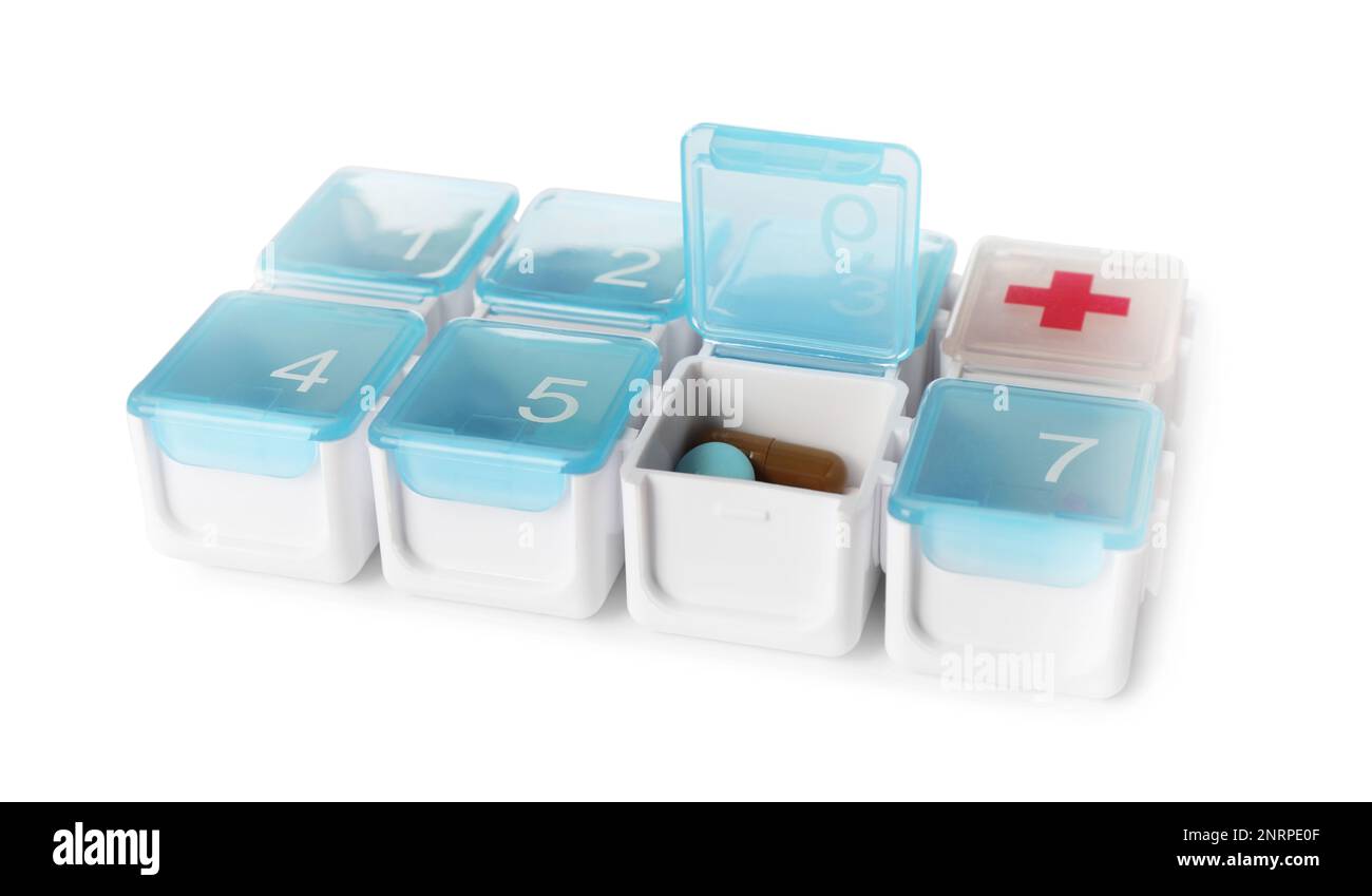 Plastic box for pills isolated on white Stock Photo