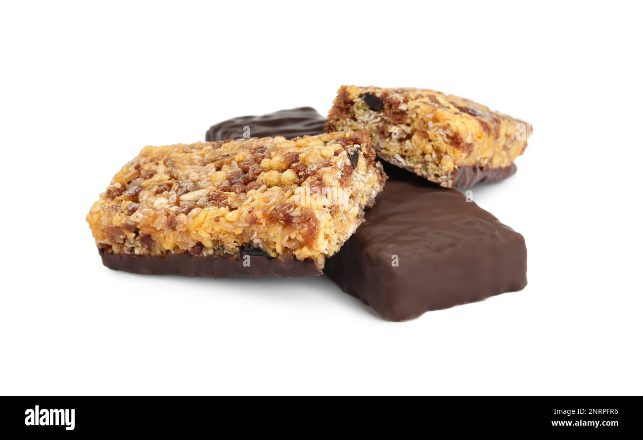 Different tasty protein bars on white background Stock Photo Alamy