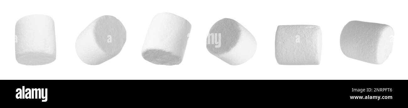 Set with delicious sweet puffy marshmallows on white background. Banner ...