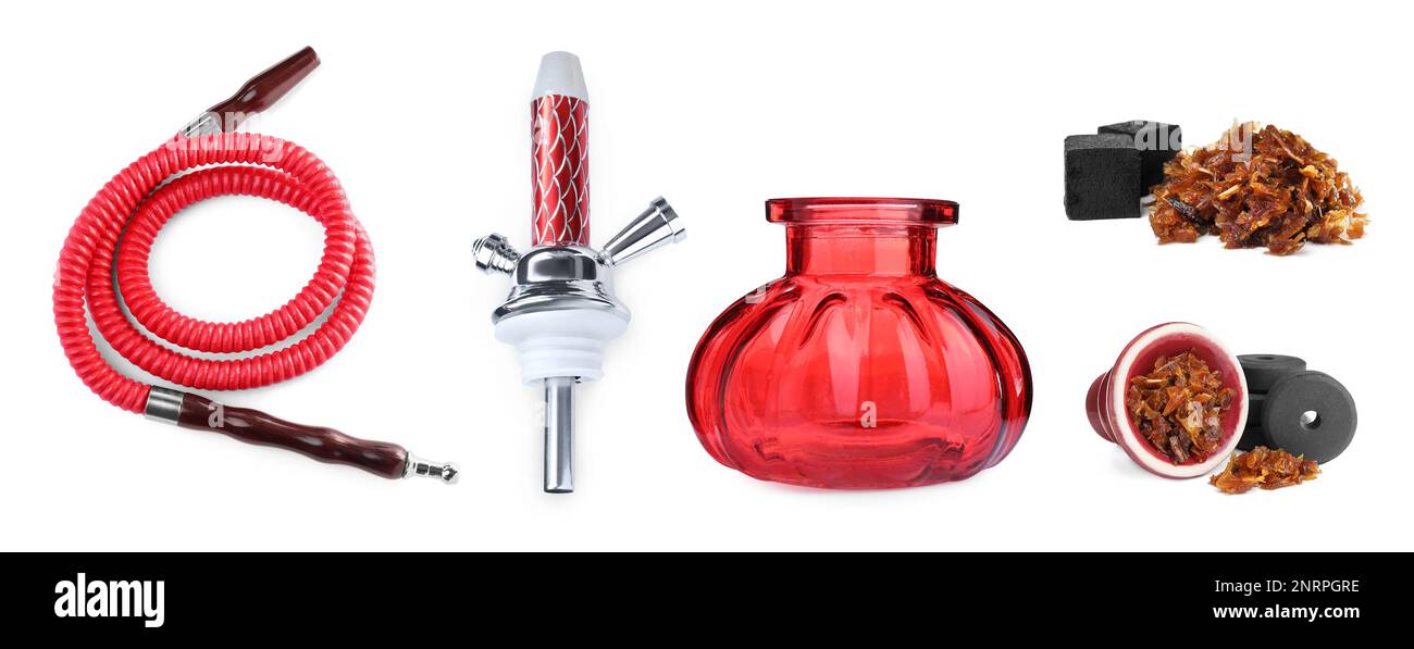 Hookah kit on white background, collage. Banner design Stock Photo